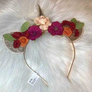 Unicorn Multi Red Green Gold Tone Floral Ears Horn headband hairband diadema OS